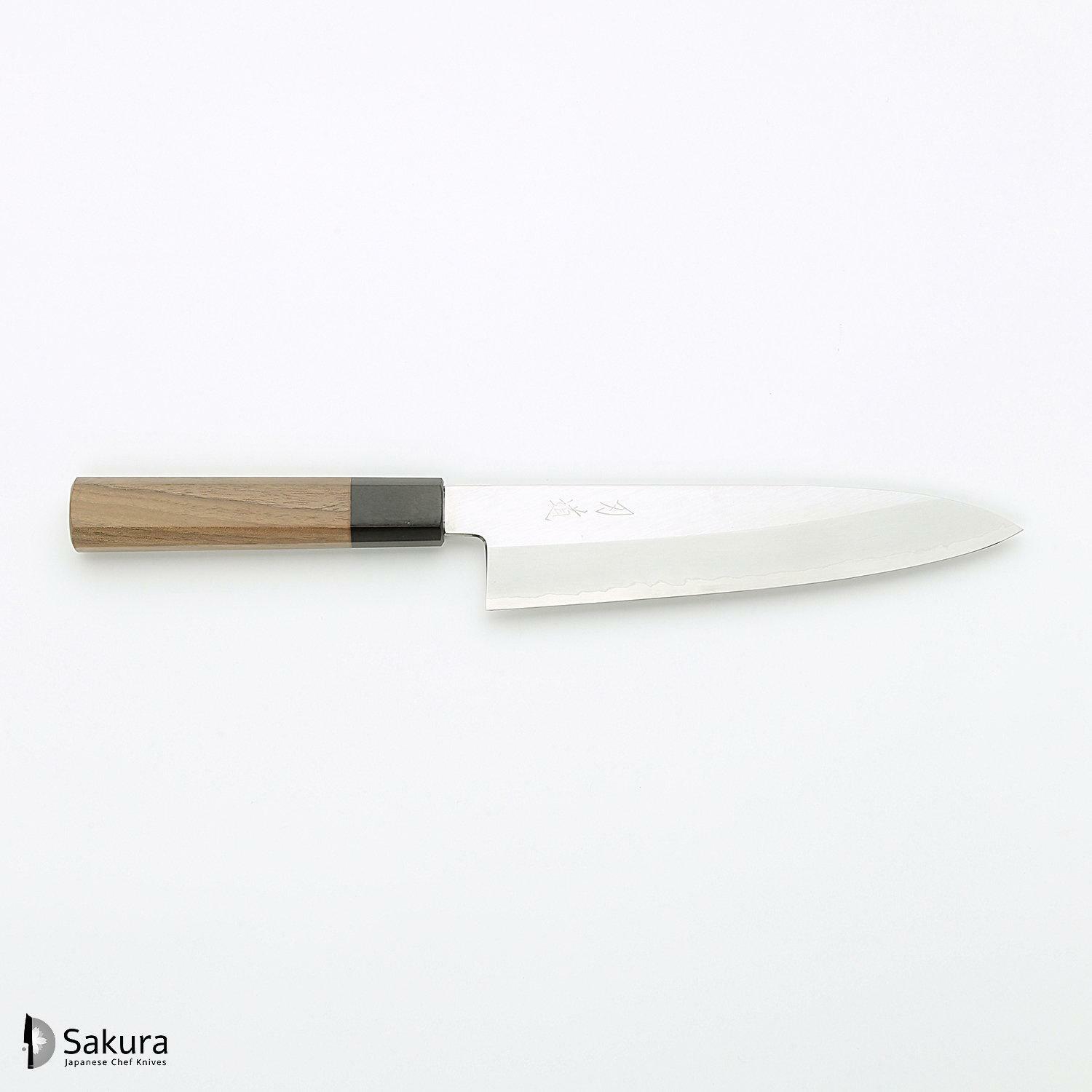 סכין שף רב-תכליתית גִּיוּטוֹ 210מ״מ מחושלת בעבודת יד 3 שכבות: פלדת פחמן יפנית מתקדמת מסוג Ginsan Silver#3 עטופה פלדת אל-חלד בגימור מט מלוטש גימור מט מלוטש האדו יפן