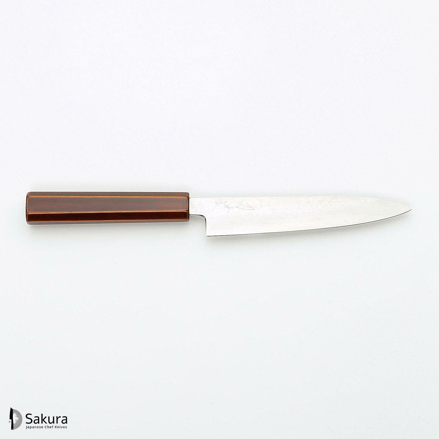 סכין עזר קטנה רב-תכליתית פֶּטִי 150מ״מ מחושלת בעבודת יד 3 שכבות: פלדת פחמן יפנית מתקדמת מסוג Ginsan Silver#3 עטופה פלדת אל-חלד בגימור דמשק גימור דמשק האדו יפן