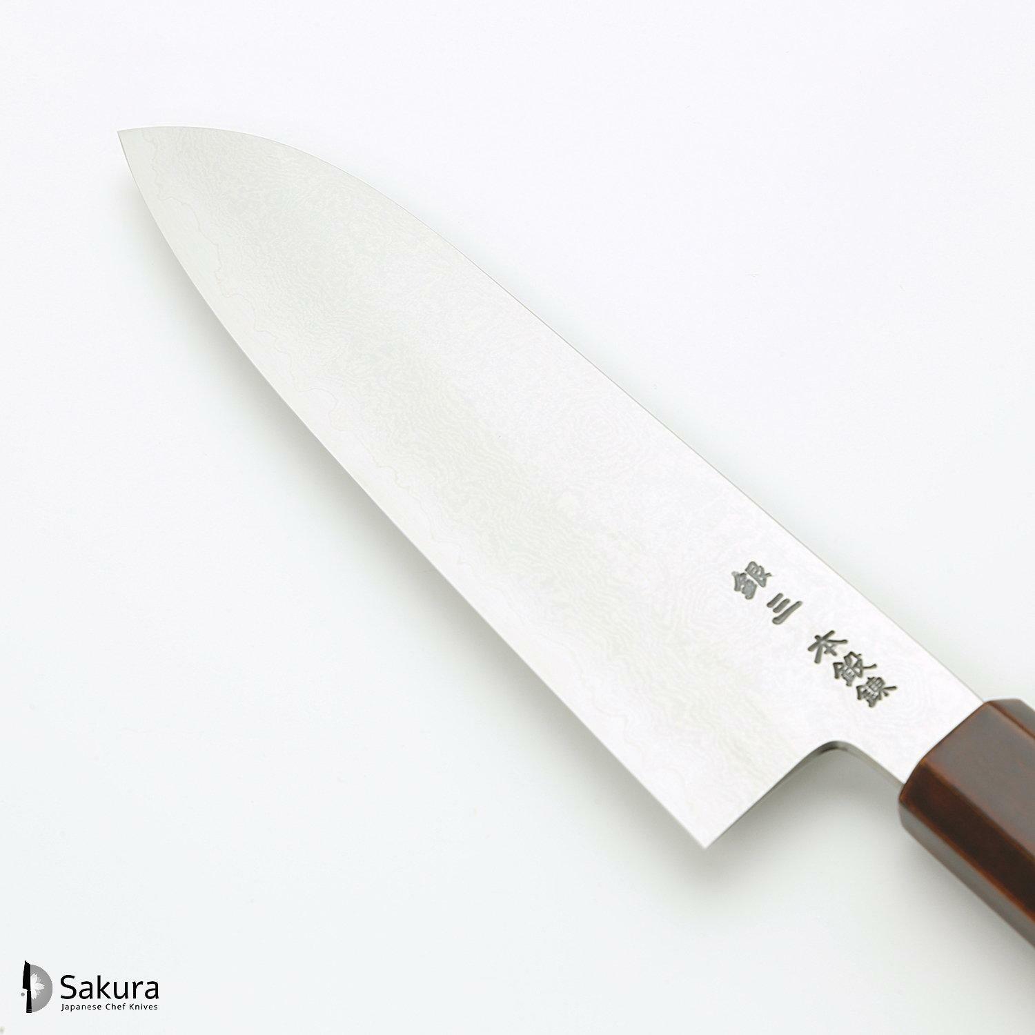 סכין רב-תכליתית סָנטוֹקוּ 180מ״מ מחושלת בעבודת יד 3 שכבות: פלדת פחמן יפנית מתקדמת מסוג Ginsan Silver#3 עטופה פלדת אל-חלד בגימור דמשק גימור דמשק האדו יפן