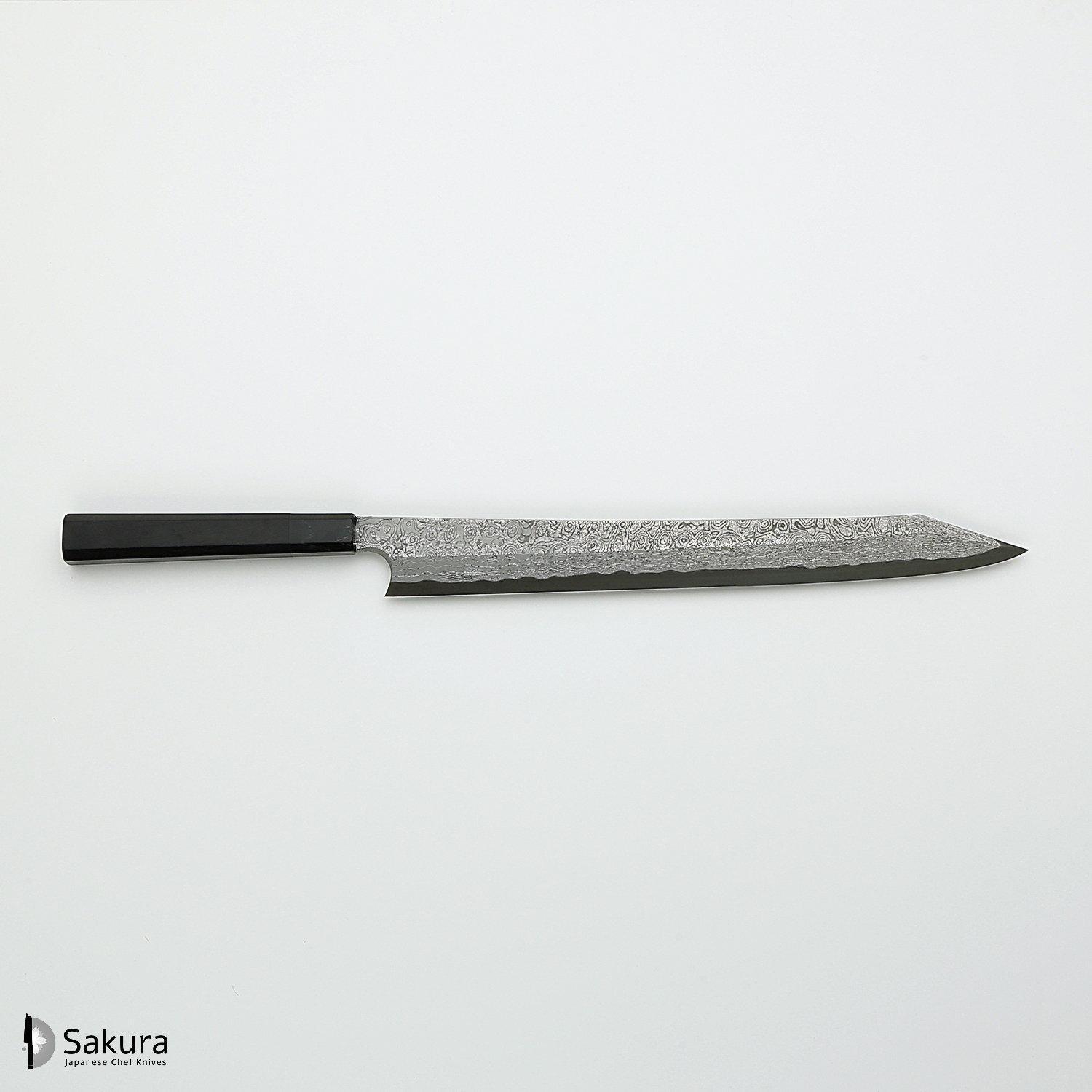 סכין חיתוך דגים סושי/סשימי קִּירִיצוּקֶה יָאנָאגִיבָּה 360מ״ממחושלת בעבודת יד: פלדת פחמן יפנית Aogami#2  גימור דמשק שחורה Kurosome בנויה 50 שכבות ניקל כסף ונחושת ניגארה יפן – SKNIGAB2KZNDYK36016