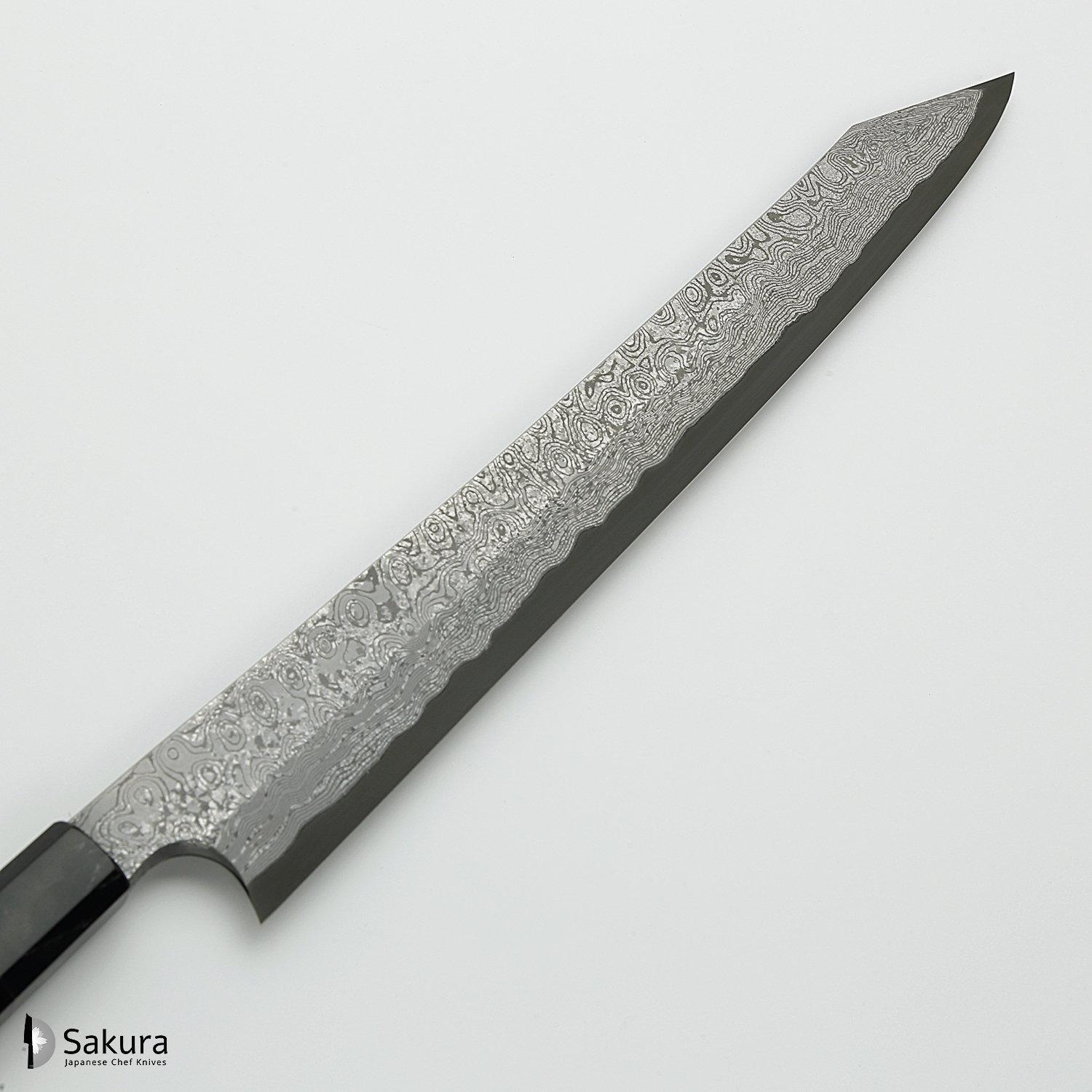 סכין חיתוך דגים סושי/סשימי קִּירִיצוּקֶה יָאנָאגִיבָּה 360מ״ממחושלת בעבודת יד: פלדת פחמן יפנית Aogami#2  גימור דמשק שחורה Kurosome בנויה 50 שכבות ניקל כסף ונחושת ניגארה יפן – SKNIGAB2KZNDYK36016