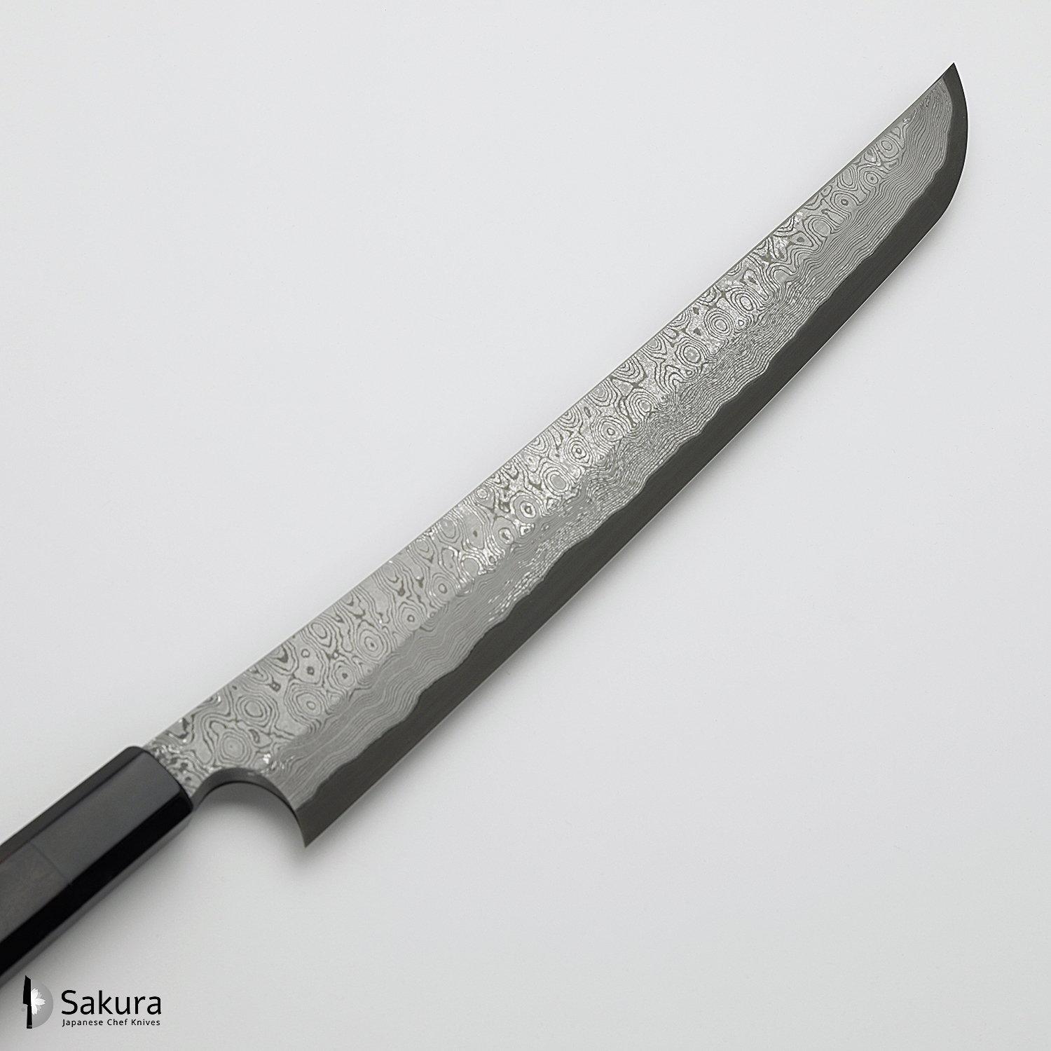 סכין חיתוך דגים סושי/סשימי סָקִימָארוּ יָאנָאגִיבָּה 300מ״מ מחושלת בעבודת יד: פלדת פחמן יפנית Aogami#2 גימור דמשק שחורה Kurosome בנויה 50 שכבות ניקל כסף ונחושת ניגארה יפן – SKNIGAB2KZNDYYS30016