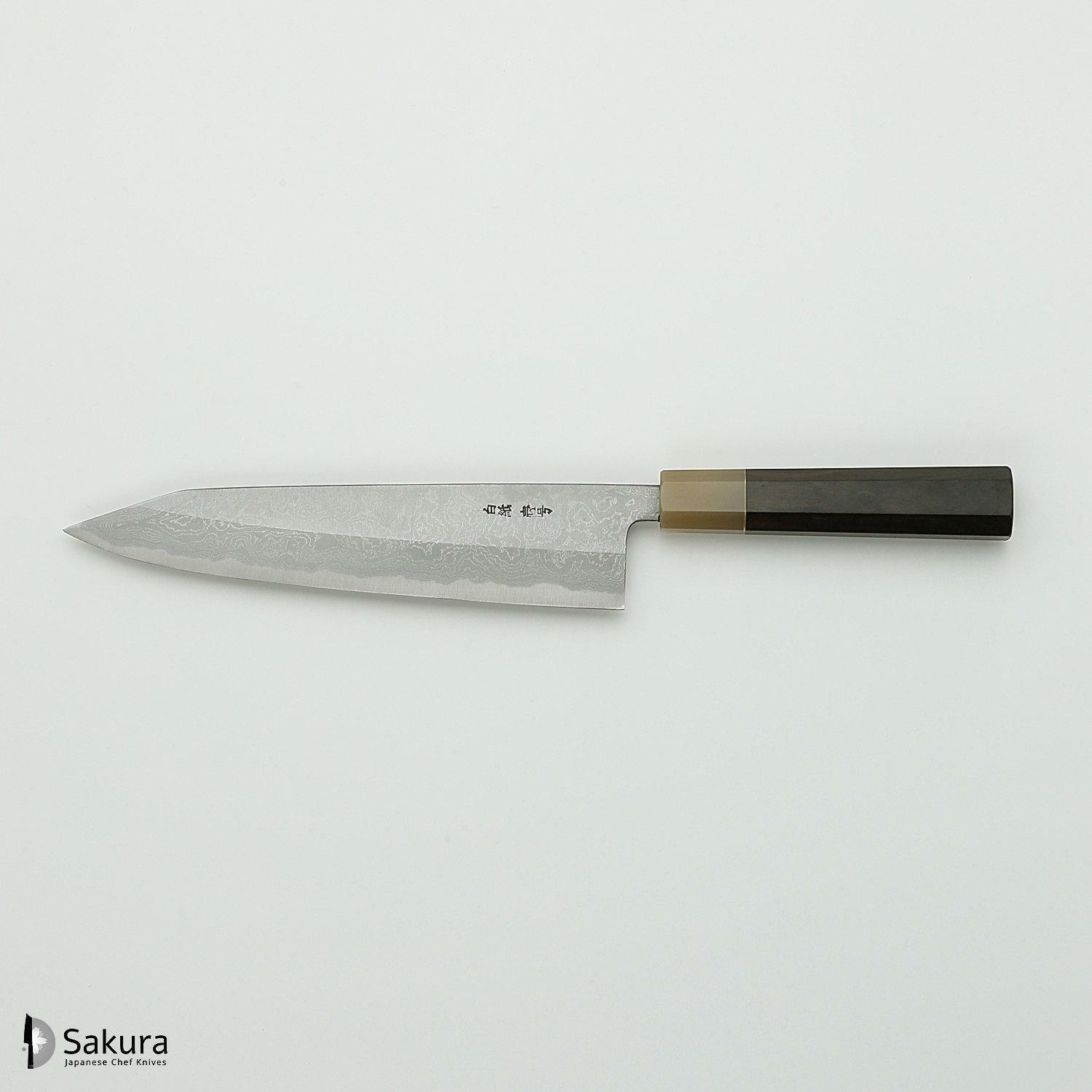 סכין שף רב-תכליתית קִּירִיצוּקֶה גִּיוּטוֹ 240מ״מ מחושלת בעבודת יד 3 שכבות: פלדת פחמן יפנית מתקדמת מסוג Shirogami #1 עטופה פלדת דמשק אל-חלד גימור דמשק יושיקאזו טאנקה יפן