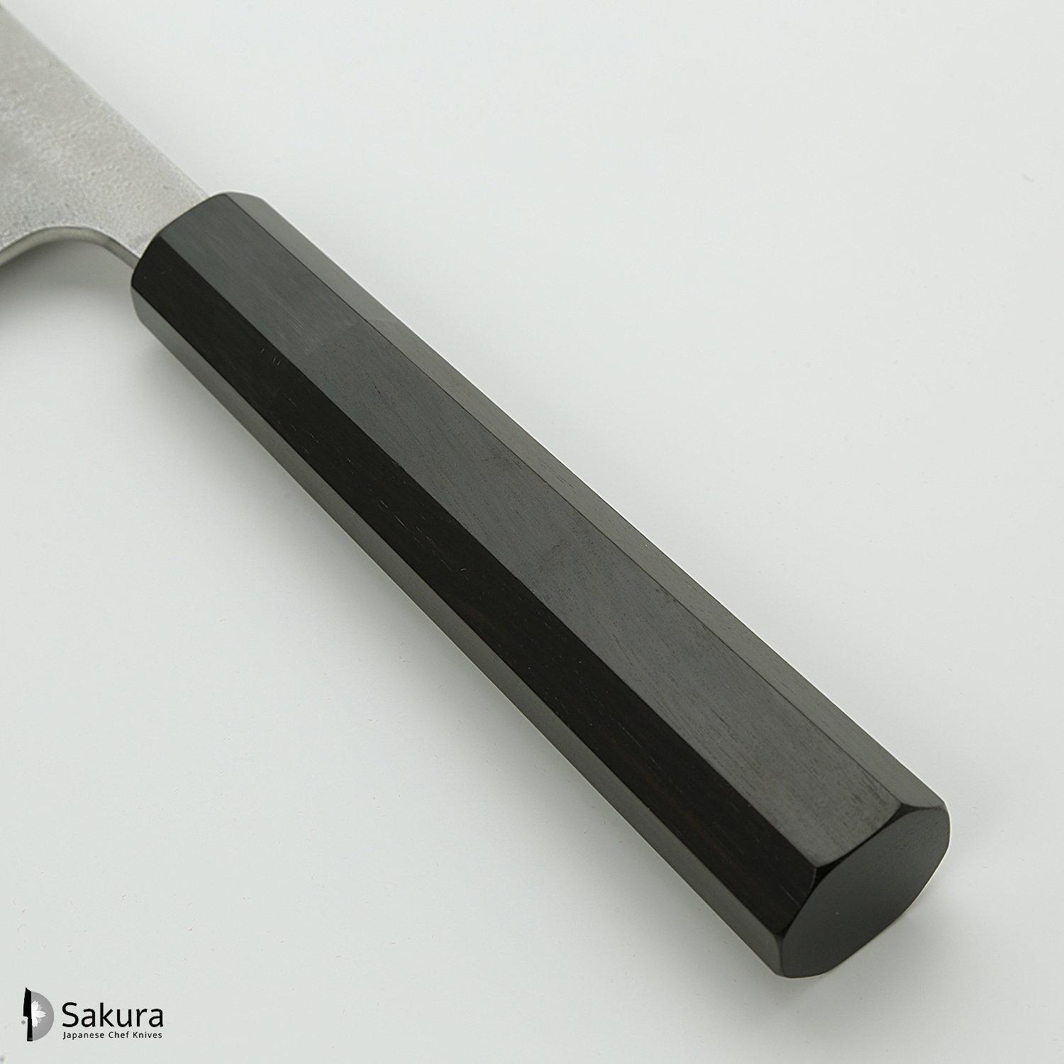 סכין שף רב-תכליתית גִּיוּטוֹ 270מ״מ מחושלת בעבודת יד 3 שכבות: פלדת פחמן יפנית מתקדמת מסוג SKD עטופה פלדת אל-חלד גימור קורורוצ׳י מט חיספוס טבעי יושיקאנה יפן