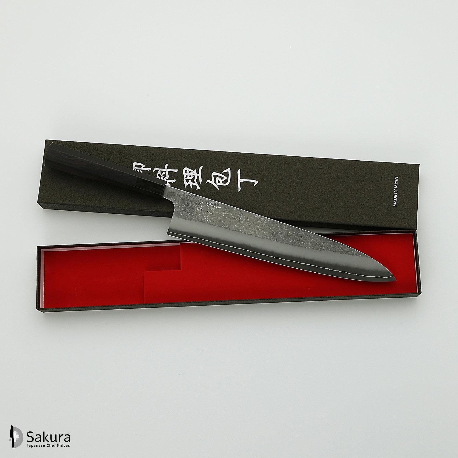 סכין שף רב-תכליתית גִּיוּטוֹ 270מ״מ מחושלת בעבודת יד 3 שכבות: פלדת פחמן יפנית מתקדמת מסוג SKD עטופה פלדת אל-חלד גימור קורורוצ׳י מט חיספוס טבעי יושיקאנה יפן