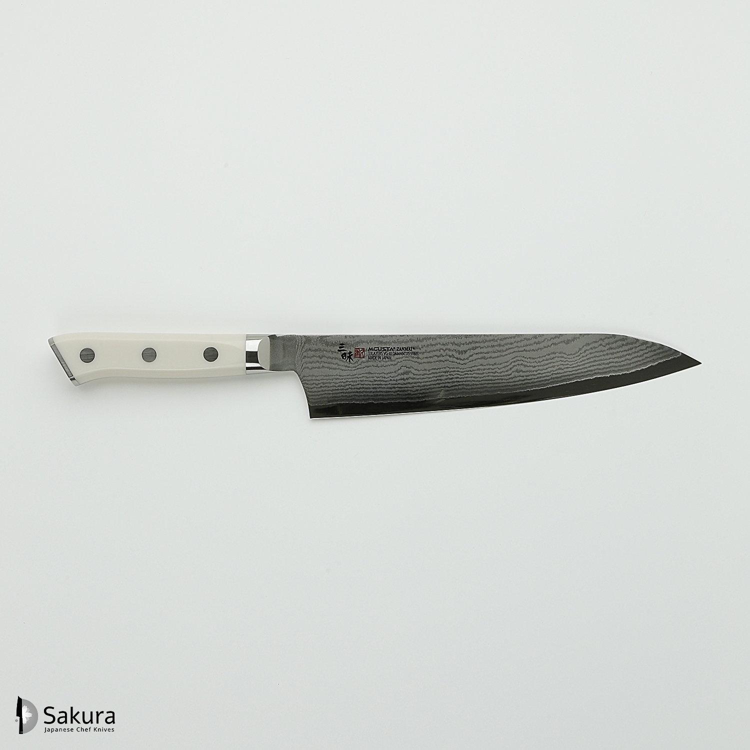 סכין שף רב-תכליתית גִּיוּטוֹ 210מ״מ מחושלת בעבודת יד 33 שכבות: פלדת פחמן יפנית VG-10 עטופה 32 שכבות פלדת דמשק אל-חלד גימור דמשק 33 שכבות מקוסטה זאנמאיי יפן HKC-3005D