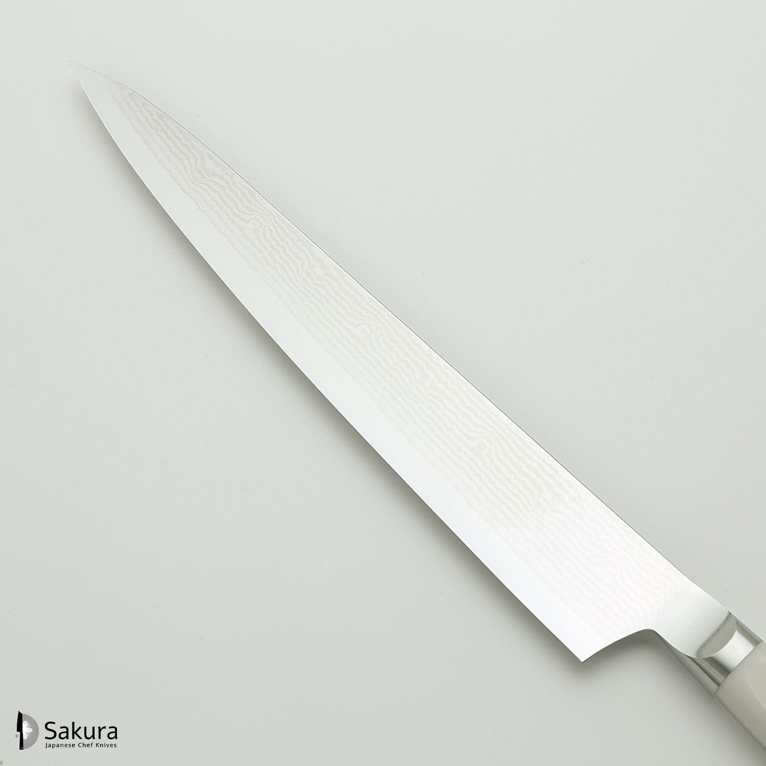סכין חיתוך ופריסת בשר סוּגִּ’יהִיקִי 270מ״מ מחושלת בעבודת יד 33 שכבות: פלדת פחמן יפנית VG-10 עטופה 32 שכבות פלדת דמשק אל-חלד גימור דמשק 33 שכבות מקוסטה זאנמאיי יפן HKC-3011D