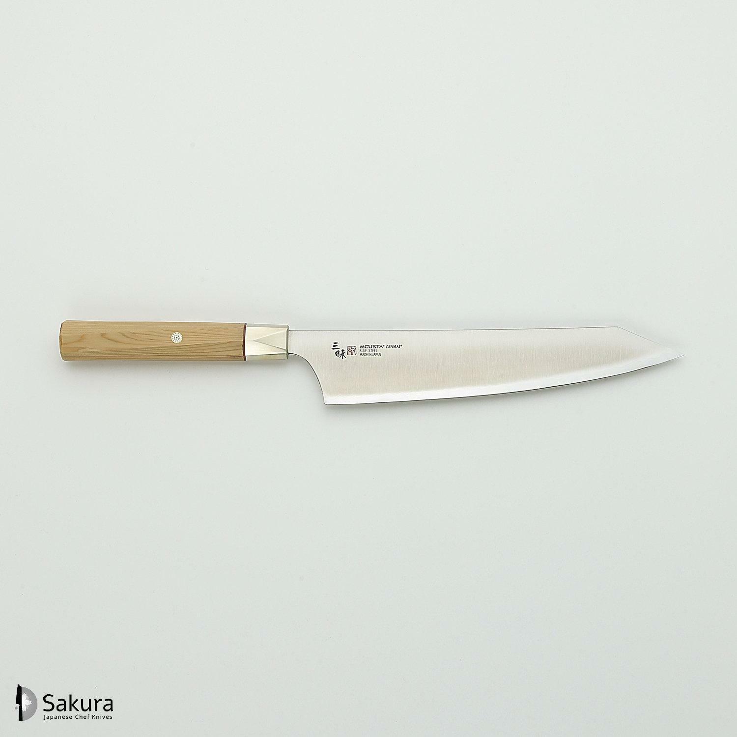 סכין שף רב-תכליתית גִּיוּטוֹ 210מ״מ מחושלת בעבודת יד 3 שכבות: פלדת פחמן יפנית מתקדמת מסוג Aogami Super עטופה פלדת אל-חלד גימור מט מלוטש מקוסטה זאנמאיי יפן ZBX-5005B