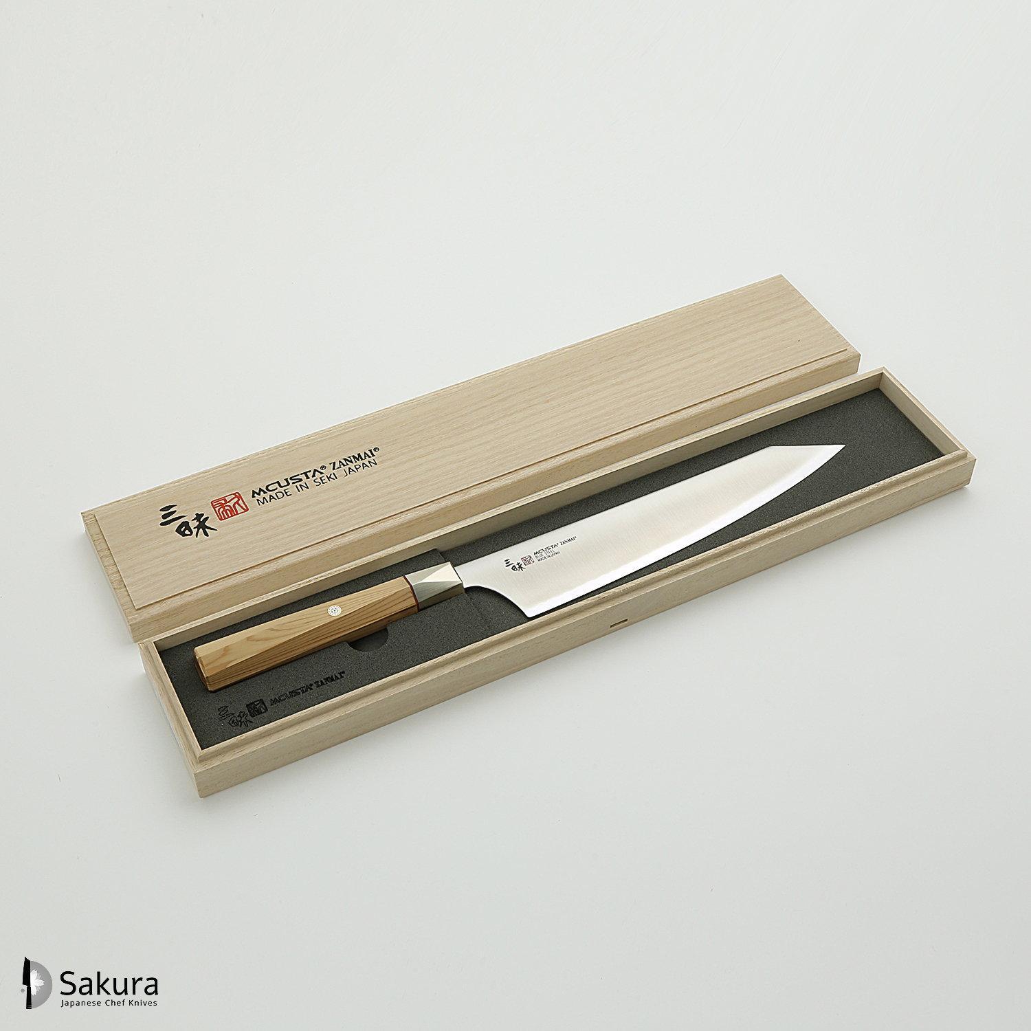 סכין שף רב-תכליתית גִּיוּטוֹ 210מ״מ מחושלת בעבודת יד 3 שכבות: פלדת פחמן יפנית מתקדמת מסוג Aogami Super עטופה פלדת אל-חלד גימור מט מלוטש מקוסטה זאנמאיי יפן ZBX-5005B