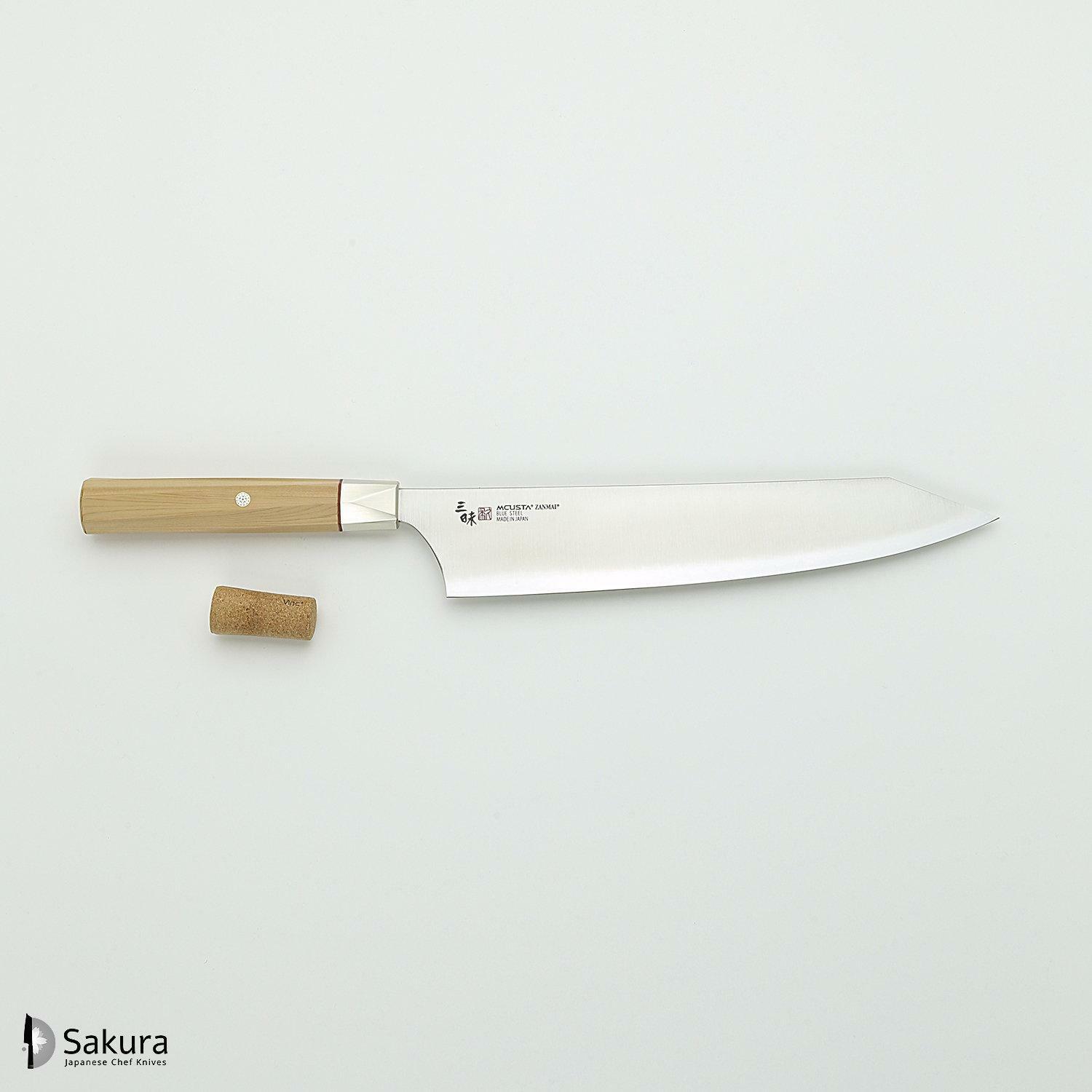 סכין שף רב-תכליתית גִּיוּטוֹ 240מ״מ מחושלת בעבודת יד 3 שכבות: פלדת פחמן יפנית מתקדמת מסוג Aogami Super עטופה פלדת אל-חלד גימור מט מלוטש מקוסטה זאנמאיי יפן ZBX-5007B